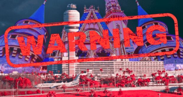 Image of a castle with vibrant, exaggerated colors and a dark, ominous sky. The word "WARNING" is prominently stamped in red across the castle, creating a sense of urgency or danger.