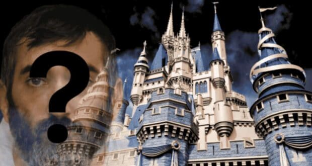 A man with a beard and a large question mark over his face is partially visible on the left side of the image. The background features a digitally created castle with tall spires, resembling a fairytale structure. In small text, the name Madeline Soto appears near the death penalty protest banners hanging from one of the towers.