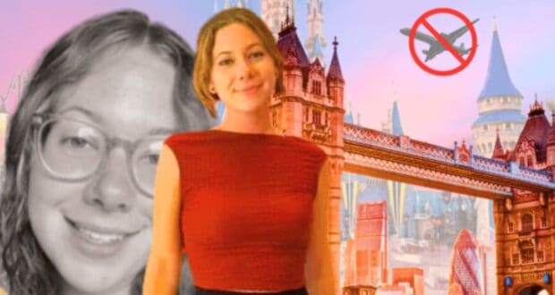 A smiling woman in glasses and a woman in a red shirt are superimposed on a colorful backdrop featuring a castle, a bridge, and a plane with a red prohibition symbol over it.