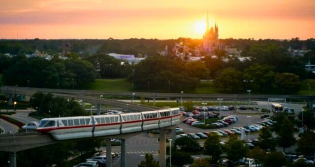 Magic Kingdom and the monorail at sunset