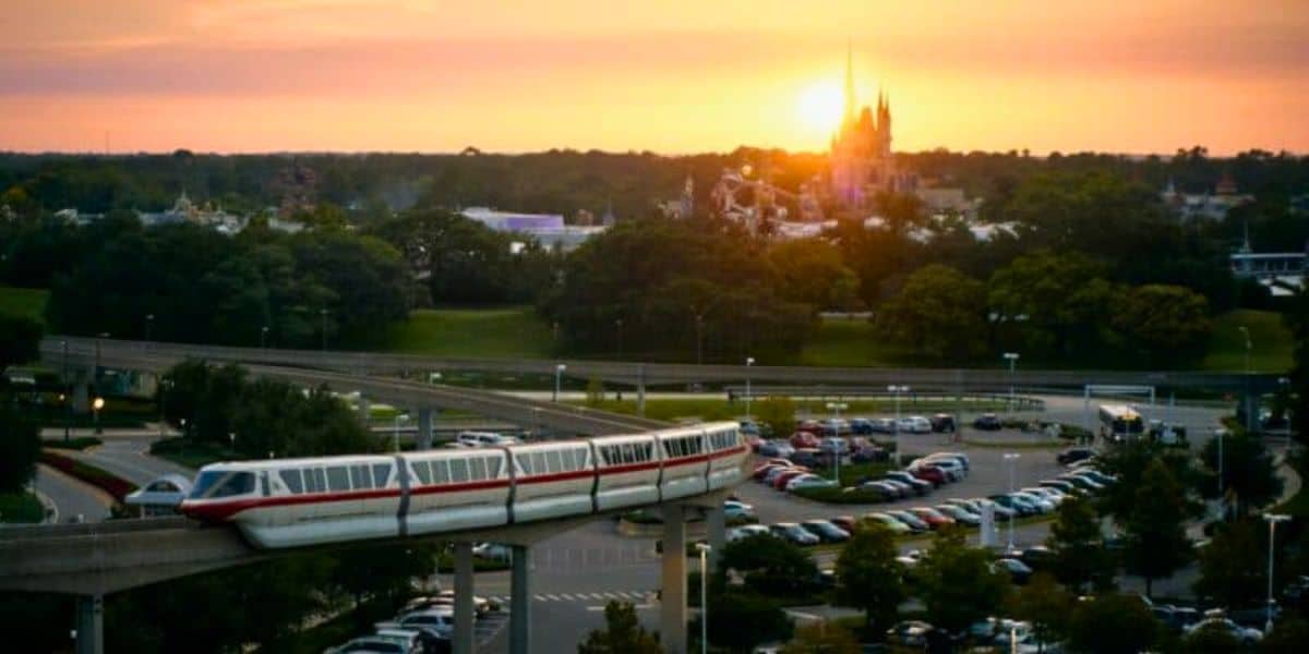 Magic Kingdom and the monorail at sunset