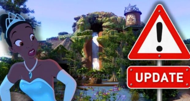 Tiana looking stunned with a update sign at Magic Kingdom for Tiana's Bayou Adventure at Disney World.