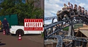 Split image featuring a car crash on the left, showing a white vehicle overturned beside the road with barriers and traffic cones, while emergency responders inspect the scene. Right side shows a roller coaster with a Harry Potter theme, filled with joyful riders unaware of the roller coaster accident nearby in Phantasialand Germany.