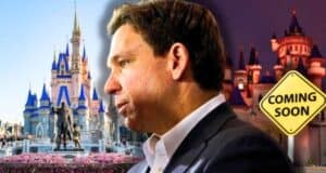A composite image features high-ranking Ron DeSantis in the foreground against a backdrop of castles, reminiscent of fairy tales or theme parks. A "Coming Soon" caution sign is also visible, adding a sense of anticipation or upcoming events.