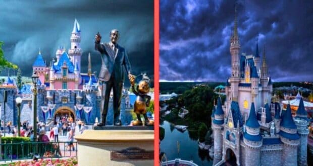 Split image of two Disney castles under dark, stormy skies. Left side shows Disney's Sleeping Beauty Castle with a statue of Walt Disney and Mickey Mouse in front, people in the foreground. Right side shows Cinderella Castle with a dramatic sky, empty of people.