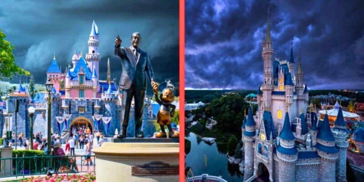 Split image of two Disney castles under dark, stormy skies. Left side shows Disney's Sleeping Beauty Castle with a statue of Walt Disney and Mickey Mouse in front, people in the foreground. Right side shows Cinderella Castle with a dramatic sky, empty of people.