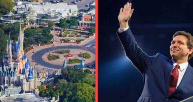 Side-by-side image: left side shows an aerial view of Disney's Magic Kingdom with Cinderella's Castle, walkways, and greenery. Right side shows Florida Governor DeSantis in a suit waving his right hand, standing against a dark background with a slight smile on his face.
