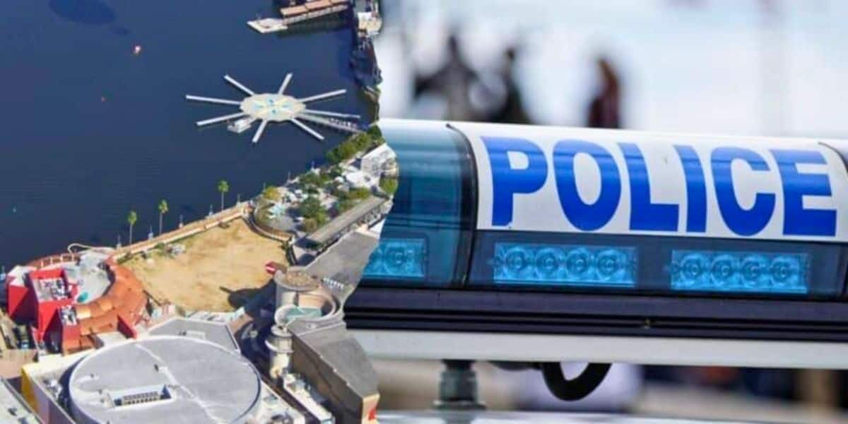 A split image shows an aerial view of a waterfront area with a circular pier and nearby buildings on the left, and a close-up of a police car's flashing lights with the word "POLICE" on the right. The bright scene almost feels like stepping into a Disney movie where action meets tranquility.