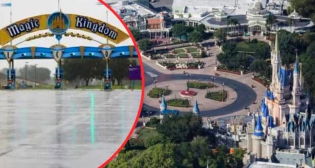 An aerial shot showing an empty Magic Kingdom entrance on the left, encircled by a red line. On the right is an overhead view of Cinderella Castle and surrounding areas in Magic Kingdom, featuring pathways and lush green spaces. The scene captures a rare mass absence at Disney, possibly due to cancelled vacations.