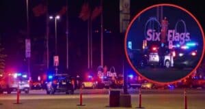 A night scene shows multiple police cars with flashing lights in a Six Flags parking lot. Inset, the Six Flags sign is illuminated, and several police vehicles are present, highlighting a significant police investigation at the amusement park.