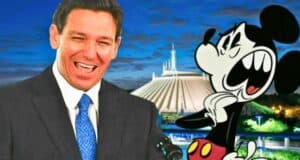 Disney and DeSantis, laughing while Mickey Mouse looks scared, in front of Space Mountain at Walt Disney World Resort. The DeSantis Disney battle.