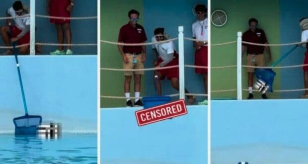 Three stills from a video of men fishing an adult toy out of the water.