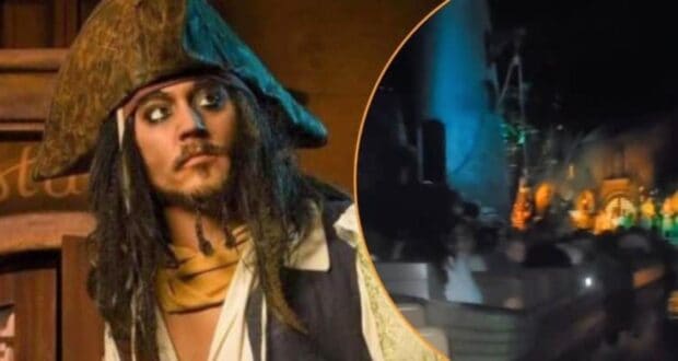 Left: Jack Sparrow animatronic. Right: Pirates of the Caribbean not operating, guests stuck on board the ride.