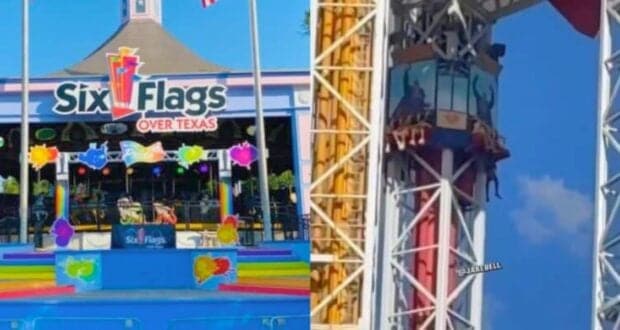The image is split into two parts. The left shows the entrance to Six Flags Over Texas, featuring colorful decorations, while the right captures a close-up of a thrilling ride with passengers seated and ascending a tall, vertical structure.