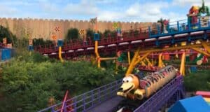 A side view of Slinky Dog Dash at Disney's Hollywood Studios.