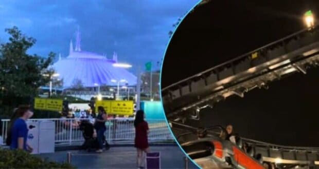 Left: Tomorrowland Speedway with Space Mountain in the background. Right: A train stuck on space mountain at Disneyland with the lights on.