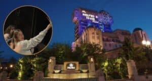 An image of a girl filming herself and singing over an image of the Tower of Terror at Disneyland Paris.