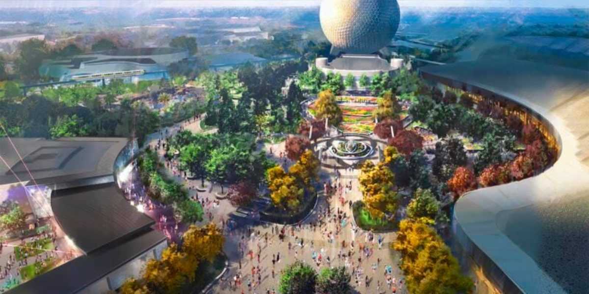 Aerial view of a theme park featuring a large geodesic sphere at the center, surrounded by lush greenery, colorful gardens, and numerous visitors. The scene includes various structures, pathways, and a central fountain area bustling with activity.