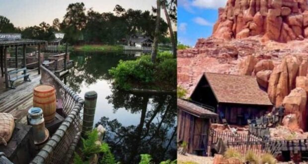 A split-image of an amusement park. The left side shows a river with a wooden dock, barrels, and greenery. The right side features a desert scene with red rock formations, a rustic wooden building, and a fence.