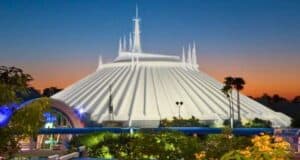 Space Mountain at sunset at Magic Kingdom