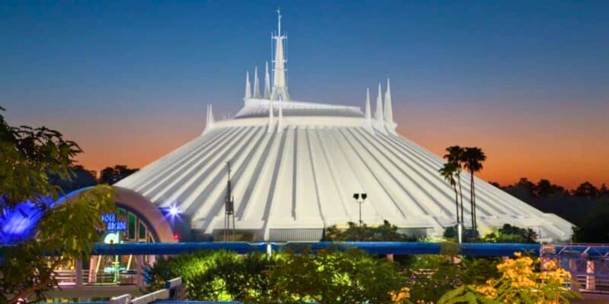 Space Mountain at sunset at Magic Kingdom