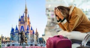 The left half of the image shows a bright and sunny day at Disney World, complete with a large fairytale castle. The right half depicts a person sitting in an airport with their head in their hands, appearing stressed, and a pink suitcase beside them.