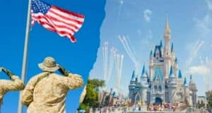 Split image with two contrasting scenes: On the left, two soldiers in camouflage uniform salute the American flag under a clear blue sky. On the right, a magical Disney castle in a theme park, with fireworks exploding in the sky above it and visitors walking around.