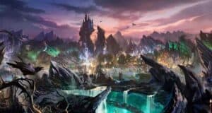 An enchanting fantasy landscape featuring jagged, rocky terrain and cascading waterfalls. In the distance, a tall, mystical castle rises amidst mountains under a twilight sky. Glowing lights dot the area, and three dragons fly overhead.