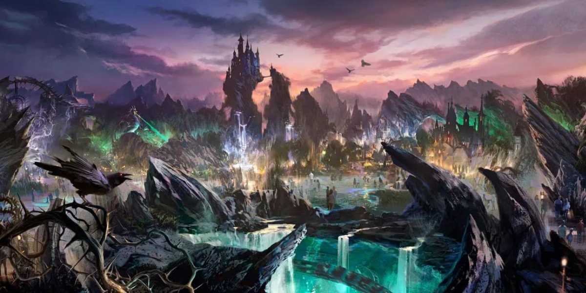 An enchanting fantasy landscape featuring jagged, rocky terrain and cascading waterfalls. In the distance, a tall, mystical castle rises amidst mountains under a twilight sky. Glowing lights dot the area, and three dragons fly overhead.