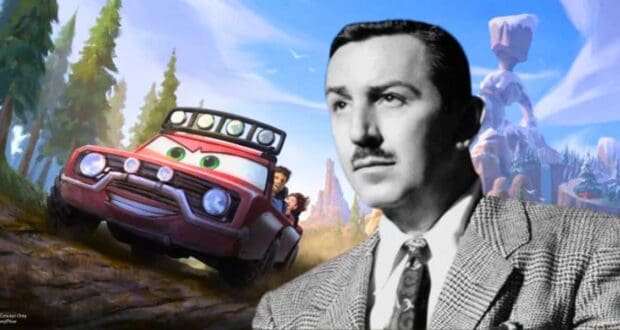 A black and white photo of Walt Disney in a suit and tie with a mustache is superimposed on a colorful animated background. The scene, reminiscent of a Walt Disney project, depicts a smiling animated car with people inside racing through a mountainous landscape on a bright day.