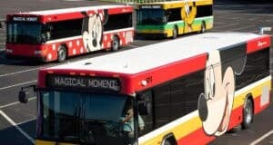 Three colorful buses themed after Disney characters are parked in an empty lot. The front bus features a large image of Mickey Mouse with "Magical Moment" displayed, while the others are adorned with Minnie Mouse and Pluto designs, as if part of a playful trick from the Disney Transportation and Ticket Center.