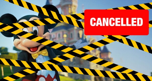 A cartoon mouse character dressed in a suit stands in front of a castle. The image is overlaid with diagonal yellow and black caution tape, and a large red sign with the word "CANCELLED" covers part of the scene.