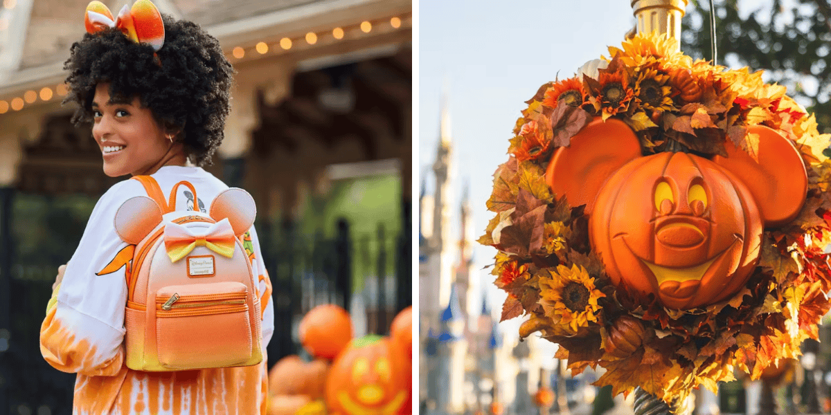 Left side: A person with orange Mickey Mouse ears and a backpack with Mickey ears, standing in front of an entrance adorned with pumpkins. Right side: A pumpkin with a carved Mickey Mouse face, surrounded by sunflowers and autumn leaves, hanging as decoration.