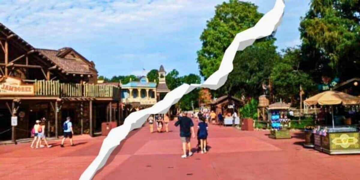 Low crowds at Magic Kingdom's Frontierland with rip diagonally across the image