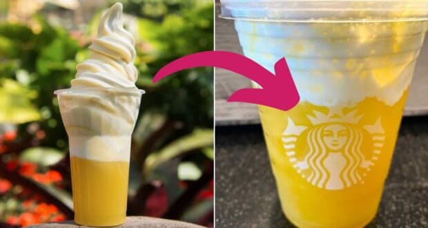 The image shows a comparison between a traditional Dole Whip soft serve in a clear cup and a Starbucks Dole Whip-inspired drink. The Dole Whip is on the left, while the yellow Starbucks beverage with foam is on the right, with an arrow pointing from the Dole Whip to the drink.