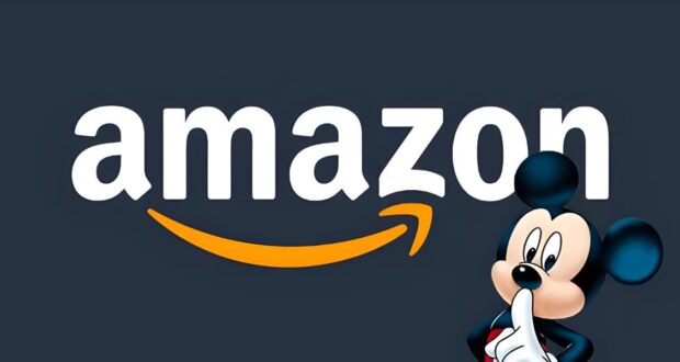Mickey Mouse making a shushing gesture in front of a large "Amazon Disney Store" logo on a dark background. The logo features the signature yellow arrow beneath the text.