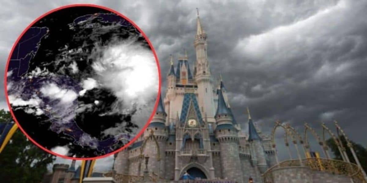 A dark, cloudy sky looms over a Disney castle in the foreground. A round inset on the left side highlights a weather radar image, showing a swirling storm formation in white against a dark background. The scene suggests an impending or ongoing storm.
