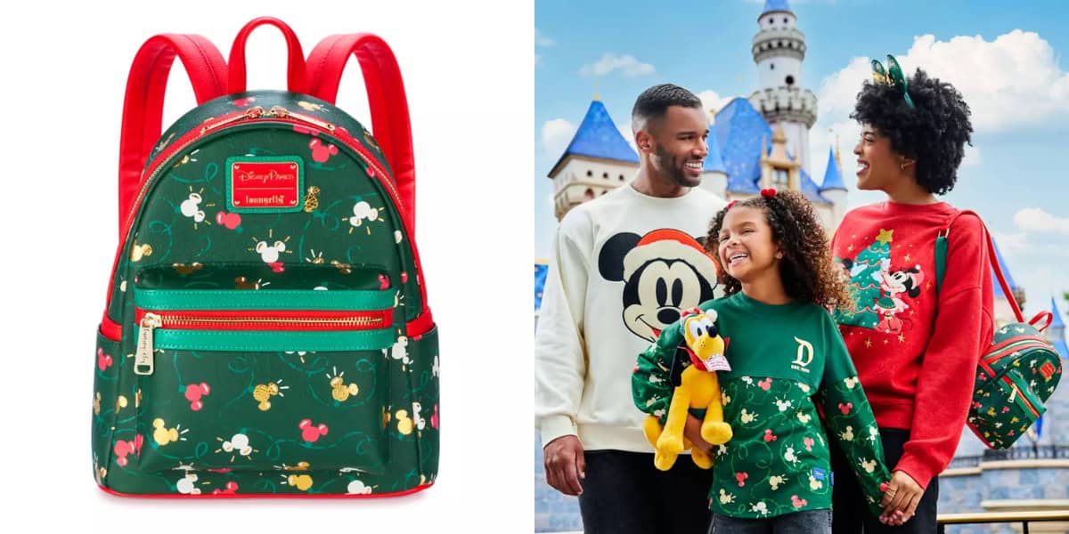 On the left, a Disney-themed green backpack with red trim and Mickey Mouse and holiday patterns is displayed. On the right, a smiling family wearing Disney holiday sweaters stands in front of a castle, with a young girl holding a stuffed Pluto toy.