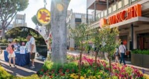 A colorful outdoor scene featuring a building with an orange "Rakkugin" sign. A tree is surrounded by vibrant flowers. An inset shows a man and a woman talking at a table. Banners and a round sign with a fox character hang nearby.