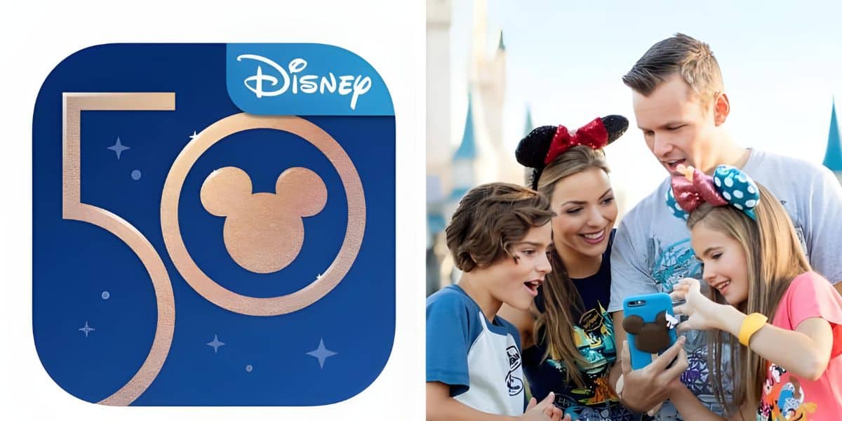 The image consists of two parts: on the left is a Disney 50th anniversary logo with a Mickey Mouse silhouette. On the right is a family of four, wearing Disney-themed attire, excitedly using the chat feature on Walt Disney World's website on their smartphone.