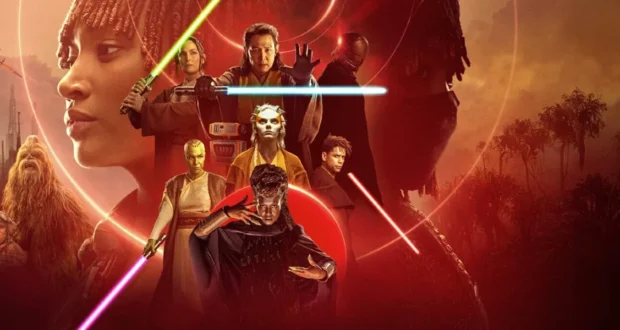 A Star Wars-themed movie poster featuring various characters wielding lightsabers. Two prominent characters face away from each other, their figures mirrored. Other characters, including a Wookiee, fan out around them against a sunrise or sunset backdrop.
