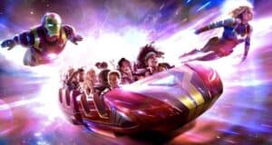 Guests ride Avengers Assemble: Flight Force with Iron Man and Captain Marvel