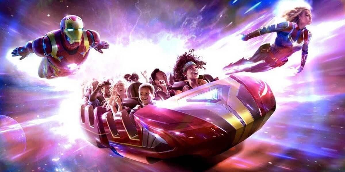 Guests ride Avengers Assemble: Flight Force with Iron Man and Captain Marvel