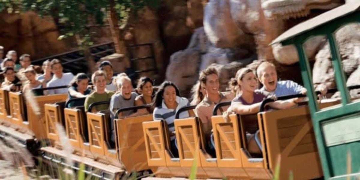 A group of people enjoying a ride on a roller coaster, with some smiling and others raising their hands. The coaster is moving quickly through a scenic area with rocks and greenery in the background.
