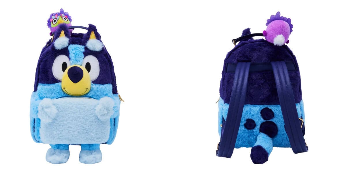 Front and back view of a plush backpack featuring a blue cartoon dog with big eyes and a yellow nose. It has blue and dark blue fur, a tail, and little legs, with a small purple stuffed creature attached on the back top.