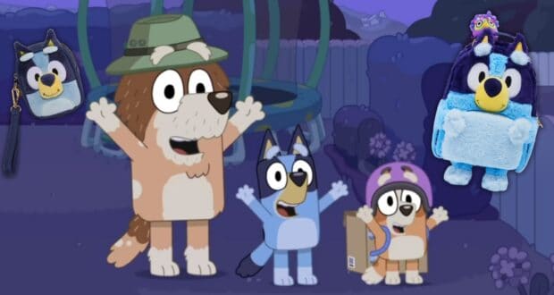 A cartoon scene featuring a dog family with two children and a parent in a backyard at night. The parent wears a hat, the children look excited—one is in a box, and two character-themed backpacks are shown.