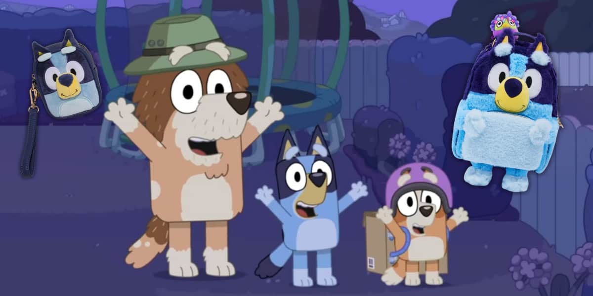 A cartoon scene featuring a dog family with two children and a parent in a backyard at night. The parent wears a hat, the children look excited—one is in a box, and two character-themed backpacks are shown.