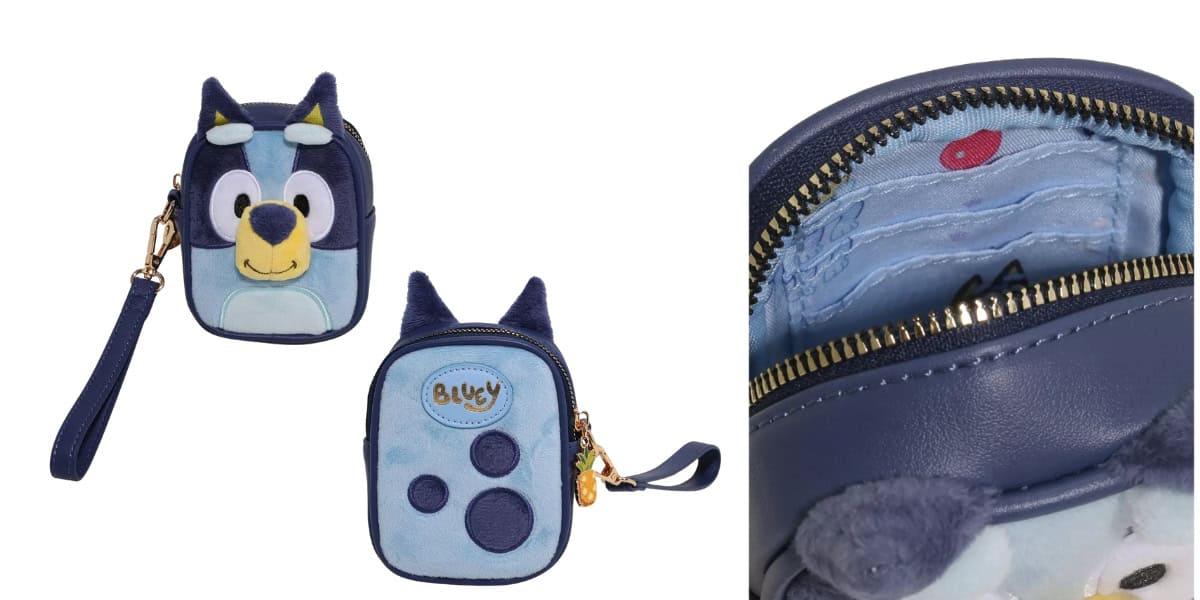 Blue plush coin purse shaped like a cartoon dog with a smiling face and ears. Front features a name tag with three paw print circles. The inside is lined and shows an open zipper revealing a small pocket. Detachable wrist strap included.