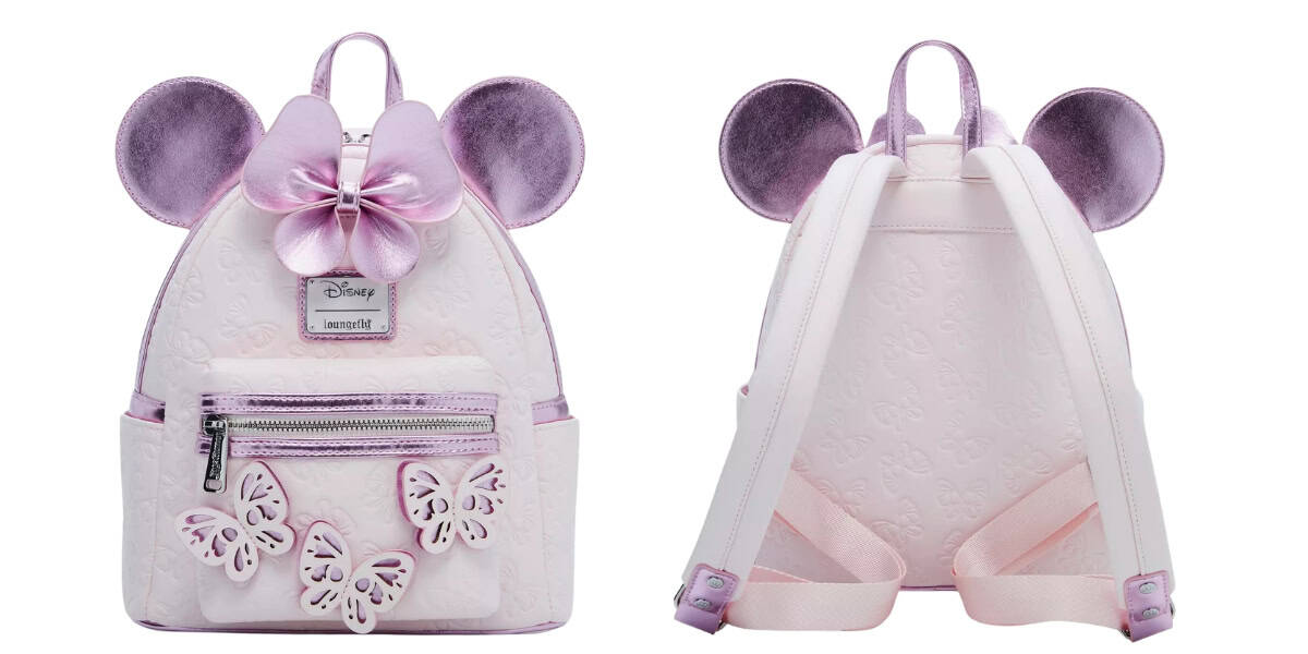 A pastel pink backpack with a metallic bow, Mickey Mouse ears, and butterfly decorations. It features a front zipper pocket and another main compartment. The straps are white and adjustable, and the back has a subtle embossed pattern.