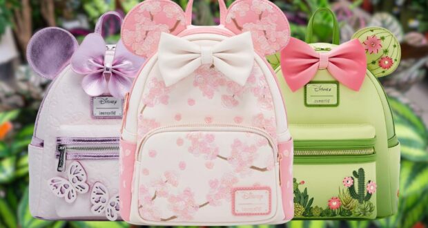 Three Disney-themed backpacks are displayed. The first is lavender with ears and a butterfly; the second is pink with floral designs and a large white bow; the third is green with flowers, a pink bow, and a cactus print. All backpacks have ear designs.